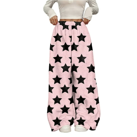 GrmtClth Womens Plush Wide Leg Pants Fluffy Loose Fit Long Pants with Star Print Fashion Fuzzy Warm Elastic Waist Bottoms Pink XXL