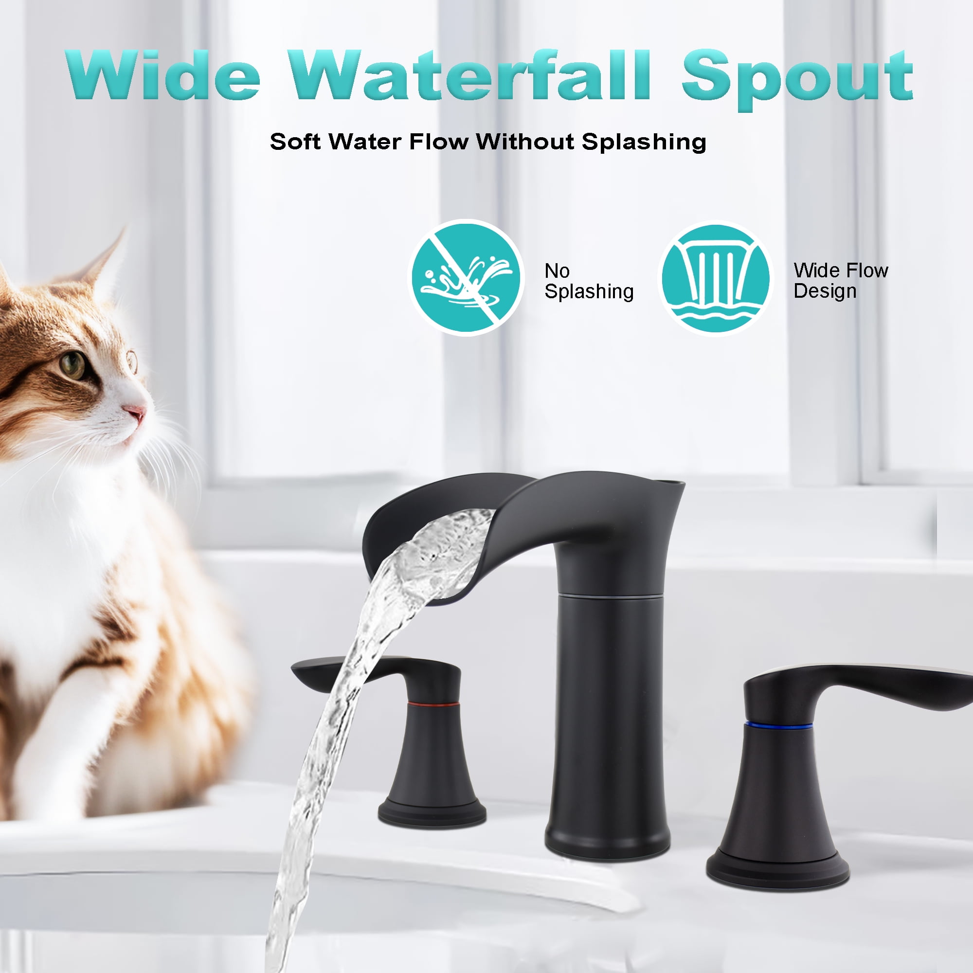 Sunrinx 8 Inch Bathroom Faucet Widespread 2-Handle Waterfall Sink Faucet Matte Black 360° Swivel 3 Hole with Pop Up Drain
