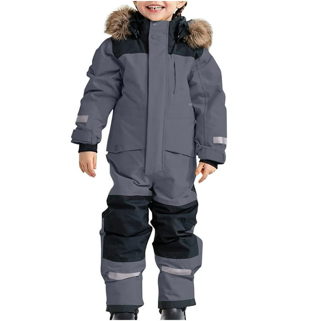 Xfvqtps Kids One Piece Snowsuits Reflective Strip Fluffy Hooded Waterproof Windproof Outdoor Winter Snowboarding Ski Suits Jumpsuits Dark Gray