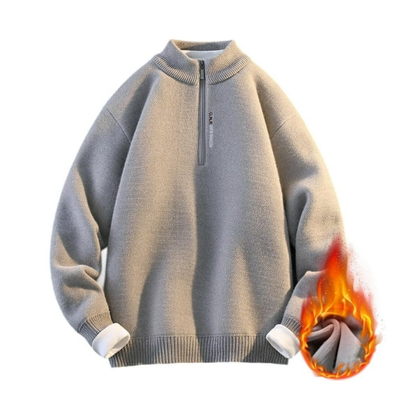 Men's Quarter Zip Up Pullover Loose Fit Solid Color Thick Velvet Stand Up Collar Long Sleeve Sweater