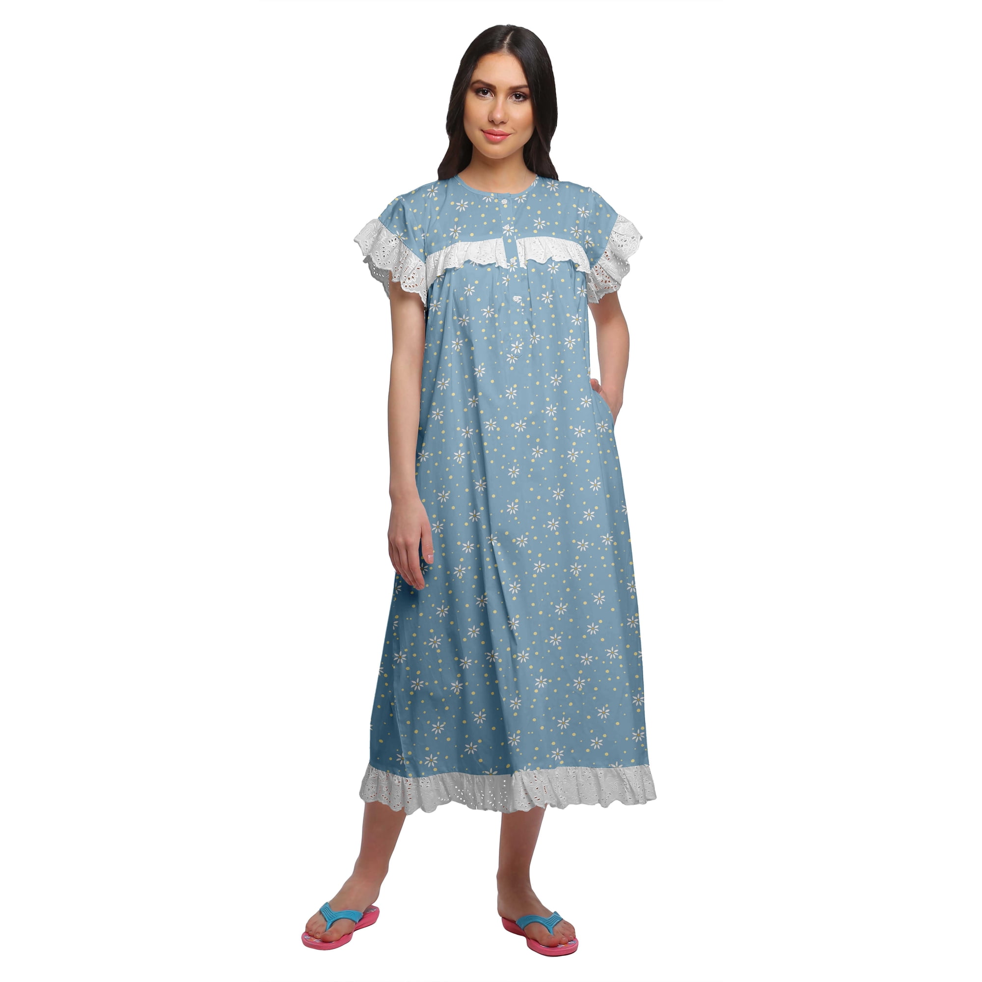 Moomaya Printed WoMen s Button Placket Mid Calf Nightdress Cotton Nightwear