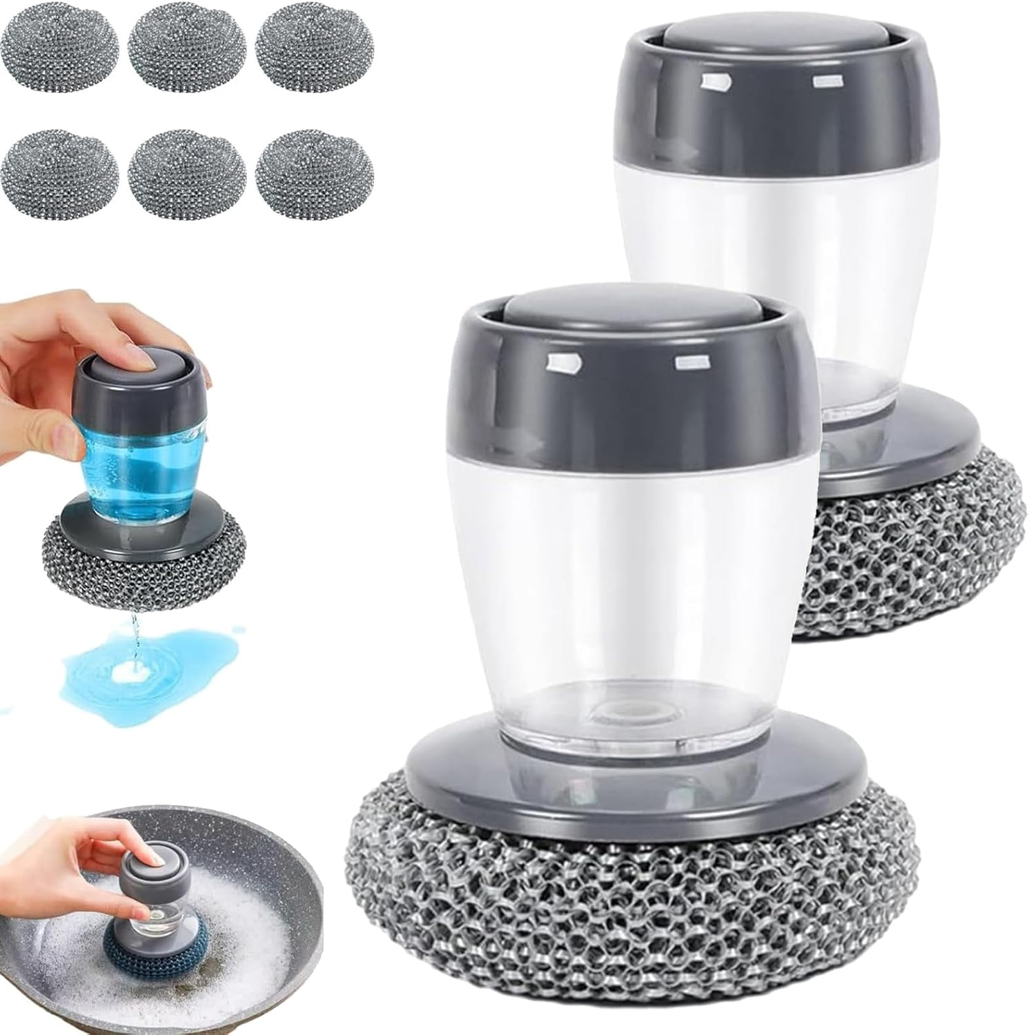 Comfort Grip Soap Dispensing Kitchen Scrub with 4 Cleaning Balls, Kitchen Scrub Brush Built-in Soap Dispenser, Press-Type Automatic Liquid Dispensing Dish Brush for Cleaning Dishes&Pots (3PCS)