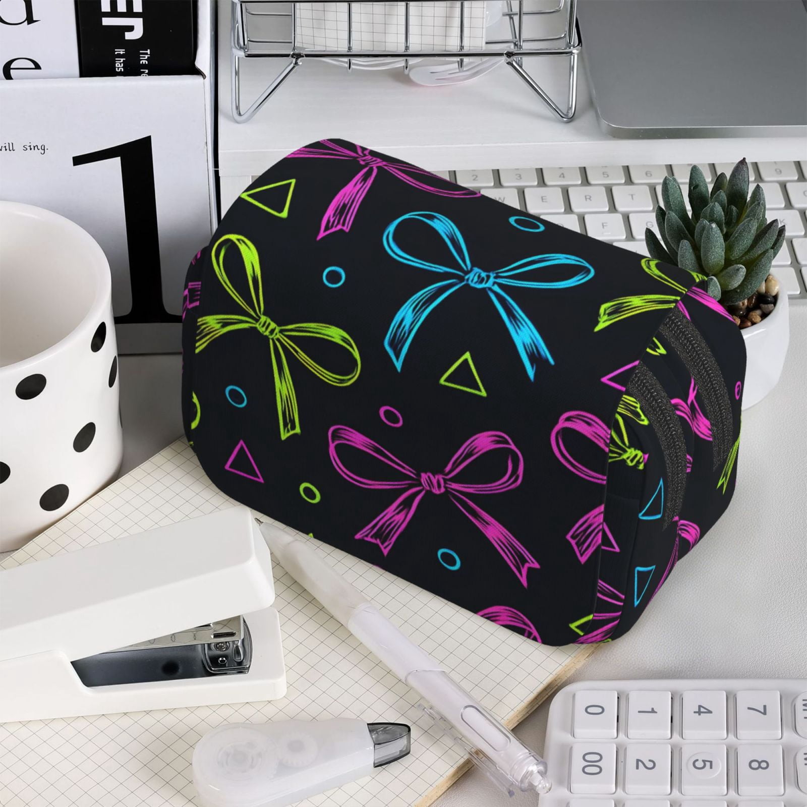 Large-Capacity Flip-Top Double-Layer Pencil Case, Multi-Functional Pocket Pen Case, Durable Stationery Organizer Bold Thin Neon Contemporary Ribbon Bow Pattern