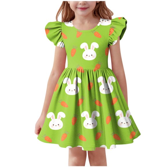 Mitankcoo Girls Easter Dresses Cute Print Flutter Sleeve Crew Neck A-Line Dress for Daily Fashion Wear 3-14Y
