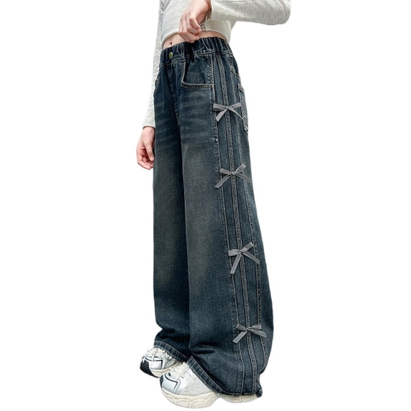 Vividxx Pants For Girls Casual Loose Fit Denim Pants With Bow Decoration Fall Straight Lit Kid Trousers With Pockets For Little Girls Fashion 9-10 Years