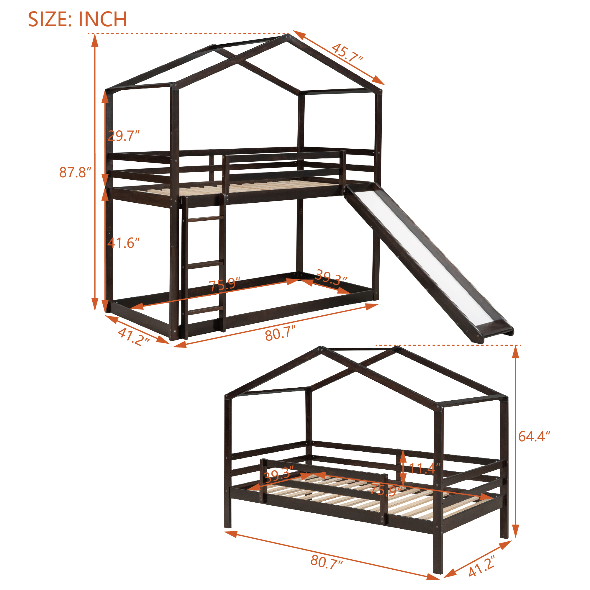 Euroco Twin over Twin House Bunk Bed with Slide, Convertible 2 Beds in One for Kids Bedroom, Espresso
