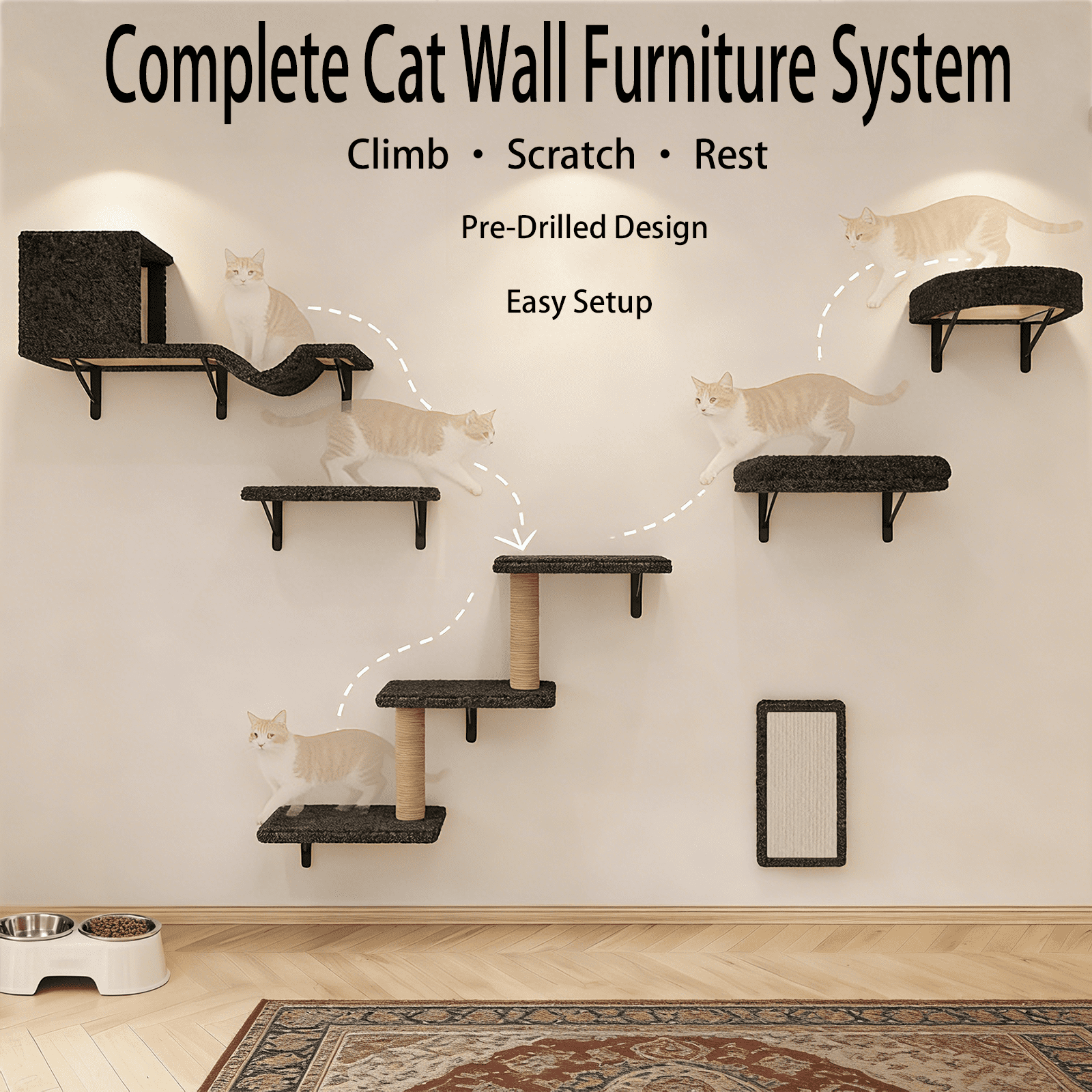 MIUZMORE Cat Wall Shelves, 10-Piece Complete Cat Wall Furniture System with Perches and Scratching Posts, Stable Floating Climbing Set for Large Indoor Cats, Space Saving Kitty Furniture