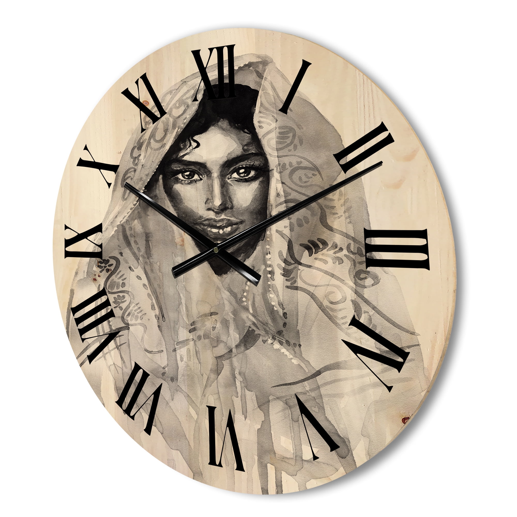 Designart 'Black and White Portrait of Young Indian Woman I' Modern Wood Wall Clock