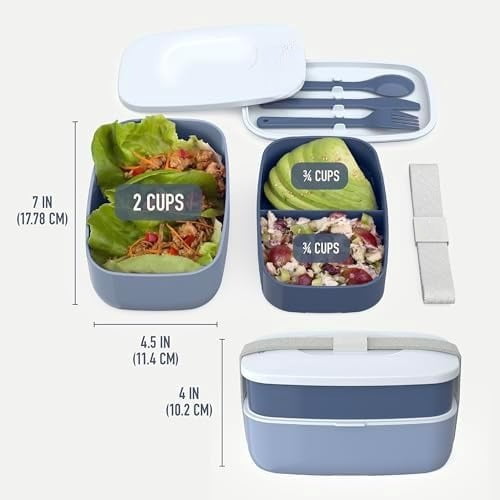 Classic - Adult Bento Box, Stackable 3-Compartment Lunch Box with Removable Utensil Set and Sealing Strap, BPA-Free, Food Container Ideal for Meal Prep, Work, and On the Go (Slate)