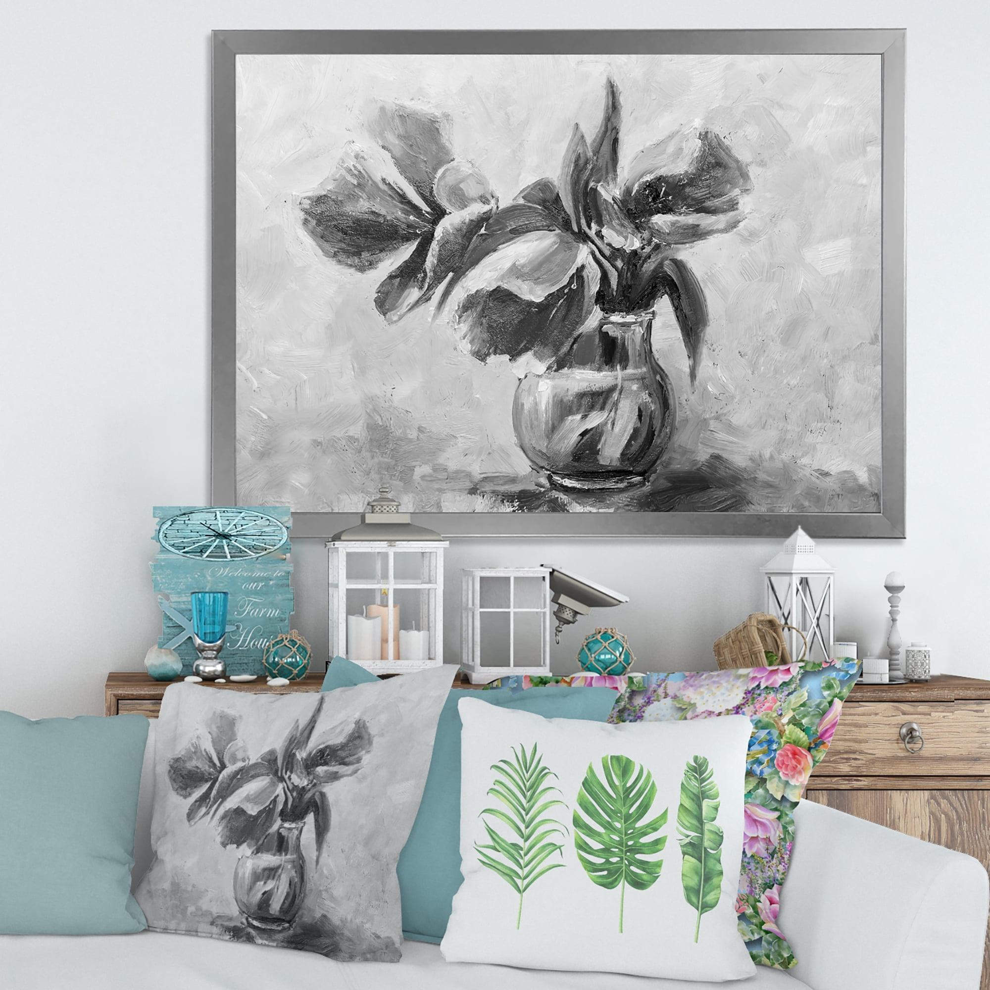 Designart 'Black and White Still Life Of Flowers In A Vase' Traditional Framed Art Print
