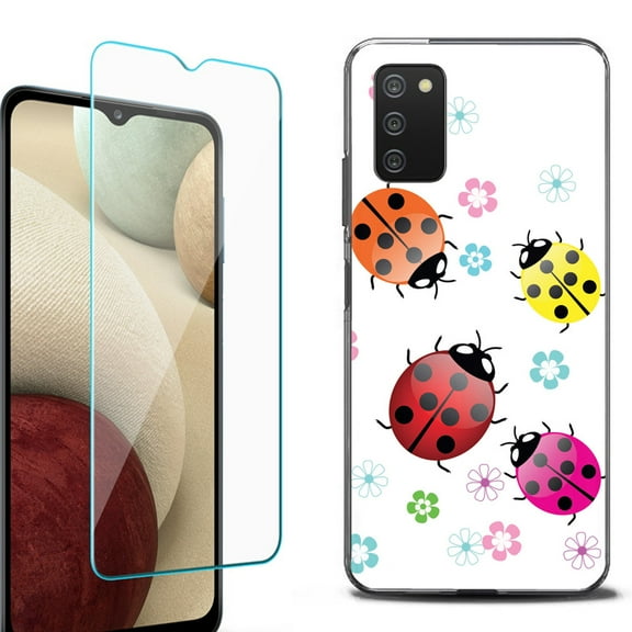 Slim-Fit Protective Fashion Phone Case (Black) for Samsung Galaxy A03s, with Tempered Glass Screen Protector, by OneToughShield ® - Ladybug