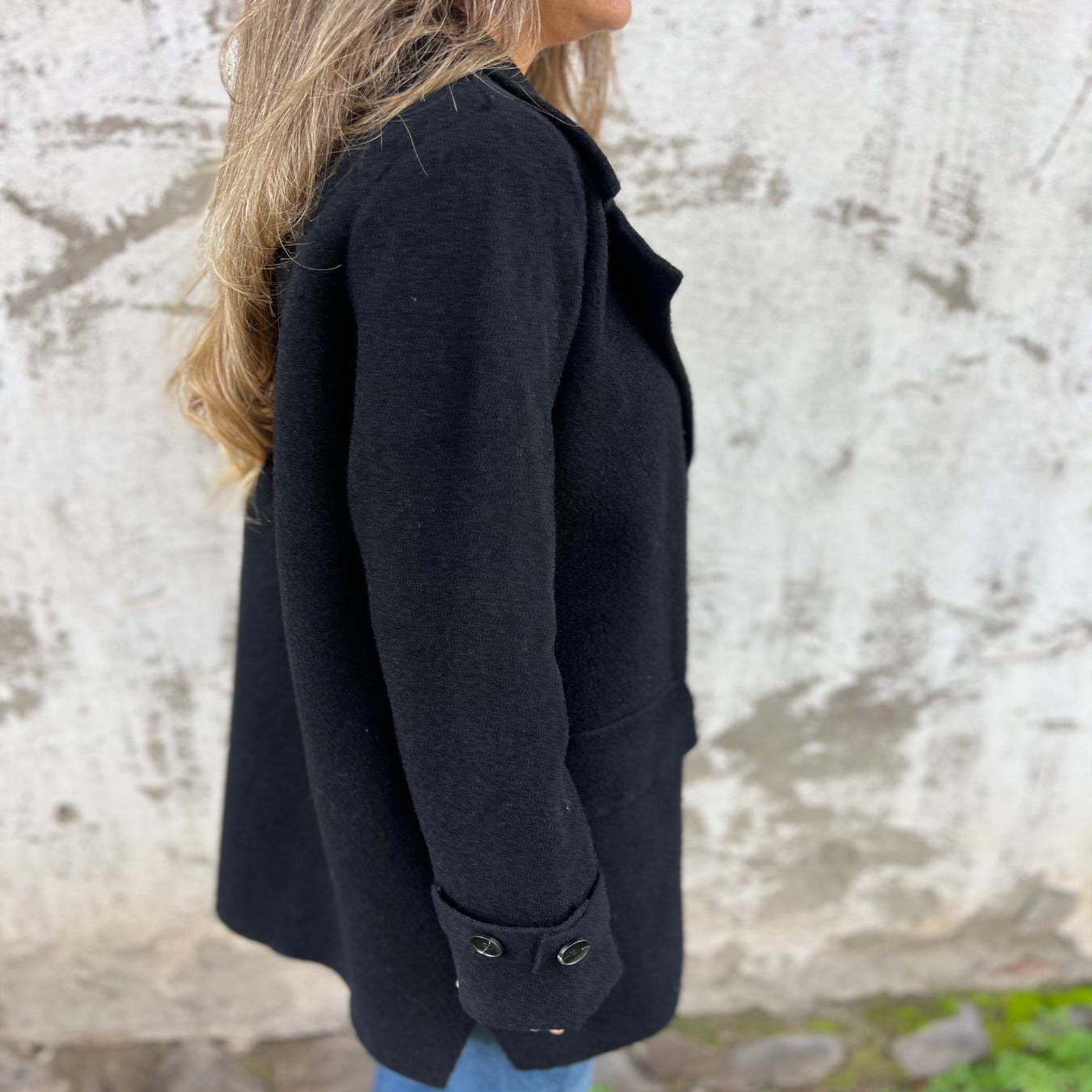 JGGSPWM Women's Wool Blend Coat Fall Lapel Single Breasted Mid Length Trench Jacket Open Front Solid Long Sleeve Peacoat Blazer Overcoat Black S