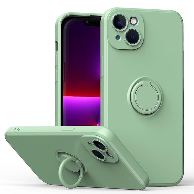 Funda de color sencillo para iPhone 14 Plus con soporte de anillo, placa metálica para carga magnética, diseño antigolpes y soporte giratorio de 360 grados.