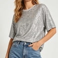 thumbnail image 6 of Stamzod Women's Sparkly Sequin Top Round Neck Short Sleeve Party Shirts Dressy Casual Tee Blouses Fashion Clothing Beige E L, 6 of 8
