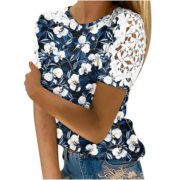 Camisas de Manga Corta para las Mujeres Impresión Cuello Redondo Suéter Encaje Blusa, Top Casual para el Hogar Y Diario