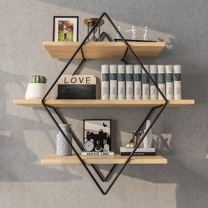 Hallolure Metal Wood Round Rhombus, Bedroom Wall Shelves Design