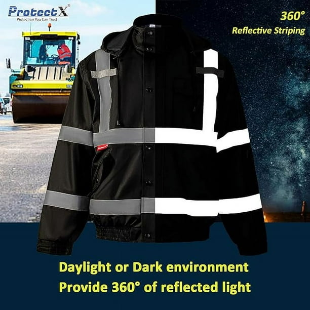 ProtectX High Visibility Safety Waterproof Bomber Jacket for Men Hi Vis Reflective Winter Construction Jacket Black 3X Large