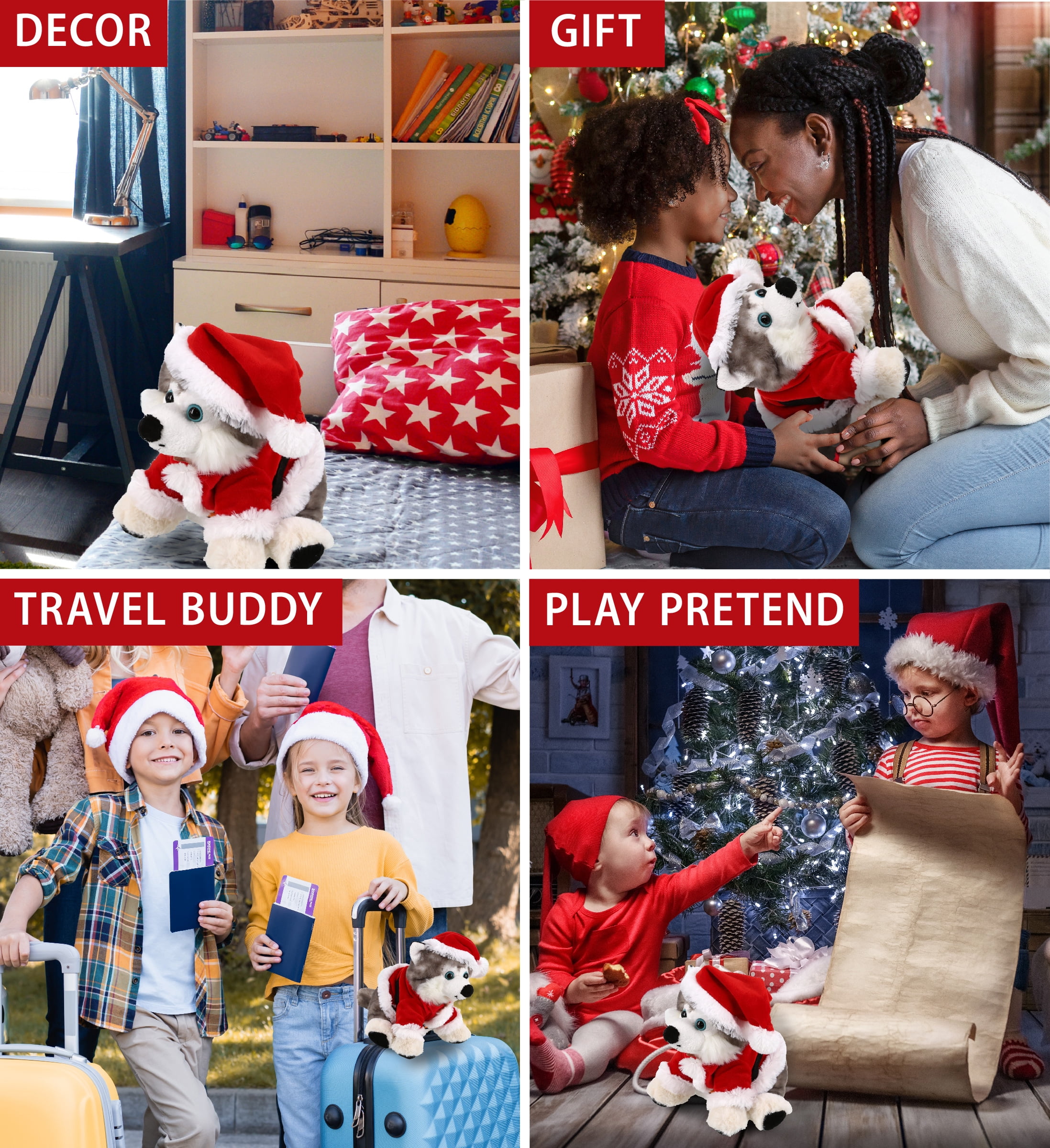 DolliBu Santa Floppy Husky Stuffed Animal Plush Toy - Super Soft Dog Plush Dress Up with Red Santa Claus Outfit, Cute Pet Holiday Christmas Gift - 7.5 Inches