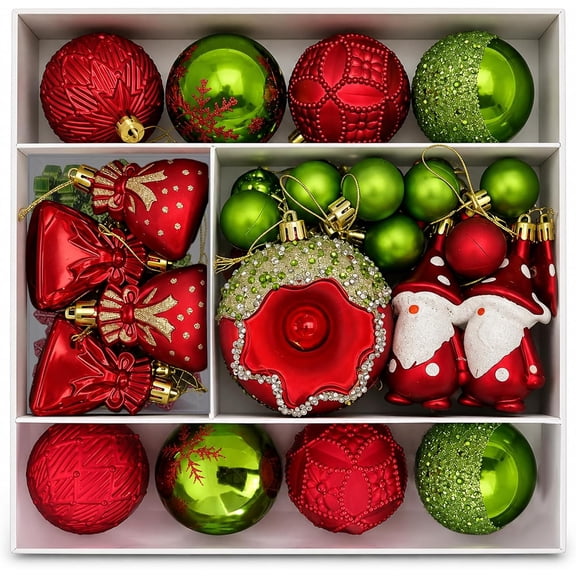 60 Pcs Red & Green Mini Christmas Ornaments Set for Christmas Tree Decorations, Shatter-resistant Lightweight Plastic Ornaments, Pre-attached Strings, 1.18-3.15 Inches, Ideal for Holiday Party Decora