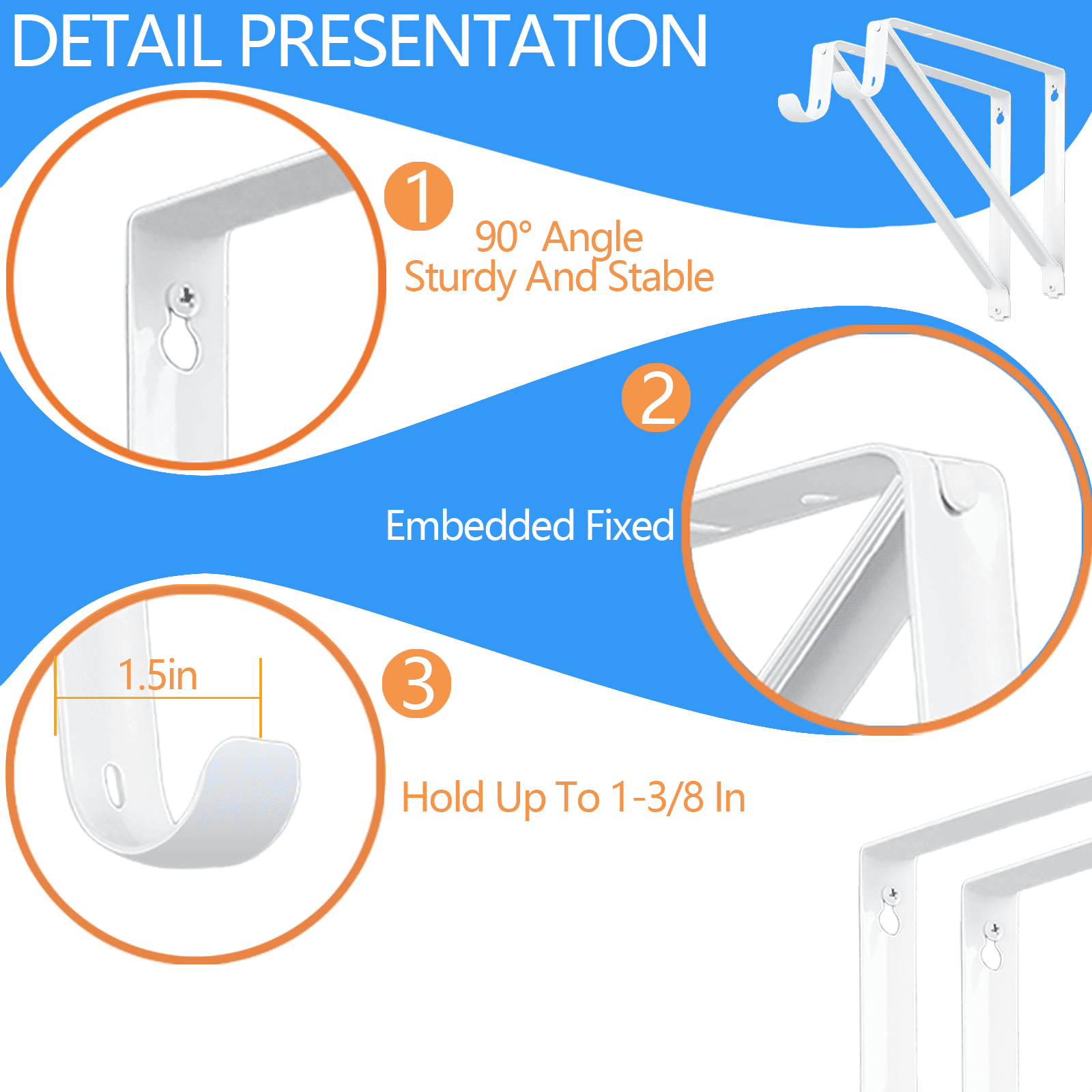 WellMade Heavy Duty Closet Rod Brackets 4 Pack, Wall Mounted Shelf Bracket with Rod Shelving Support, White