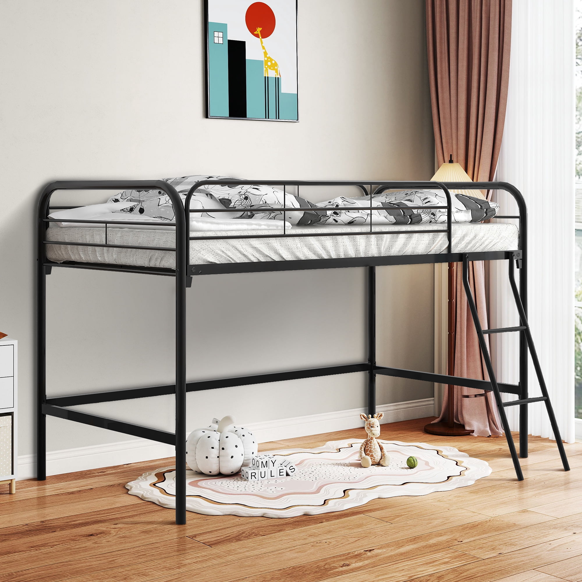 Aukfa Metal Loft Bed, Twin Size Loft Bed with Ladder for Kids Teens Junior, Black