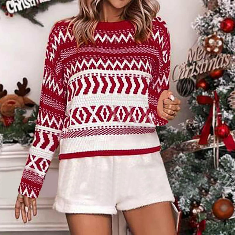 Ladies Christmas Sweaters Fashion Crew Neck Cute Graphic Print Long Sleeve Casual Loose Pullover Jumper Holiday Sweater Red S