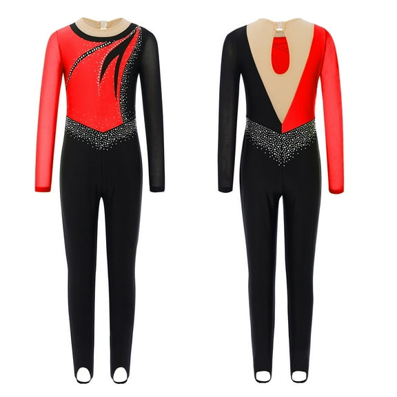 vastwit Kids Girls Dance Unitard Rhinestone Mesh Splice Long Sleeve Stirrup Bodysuit Gymnastics Skating Jumpsuit Red 12