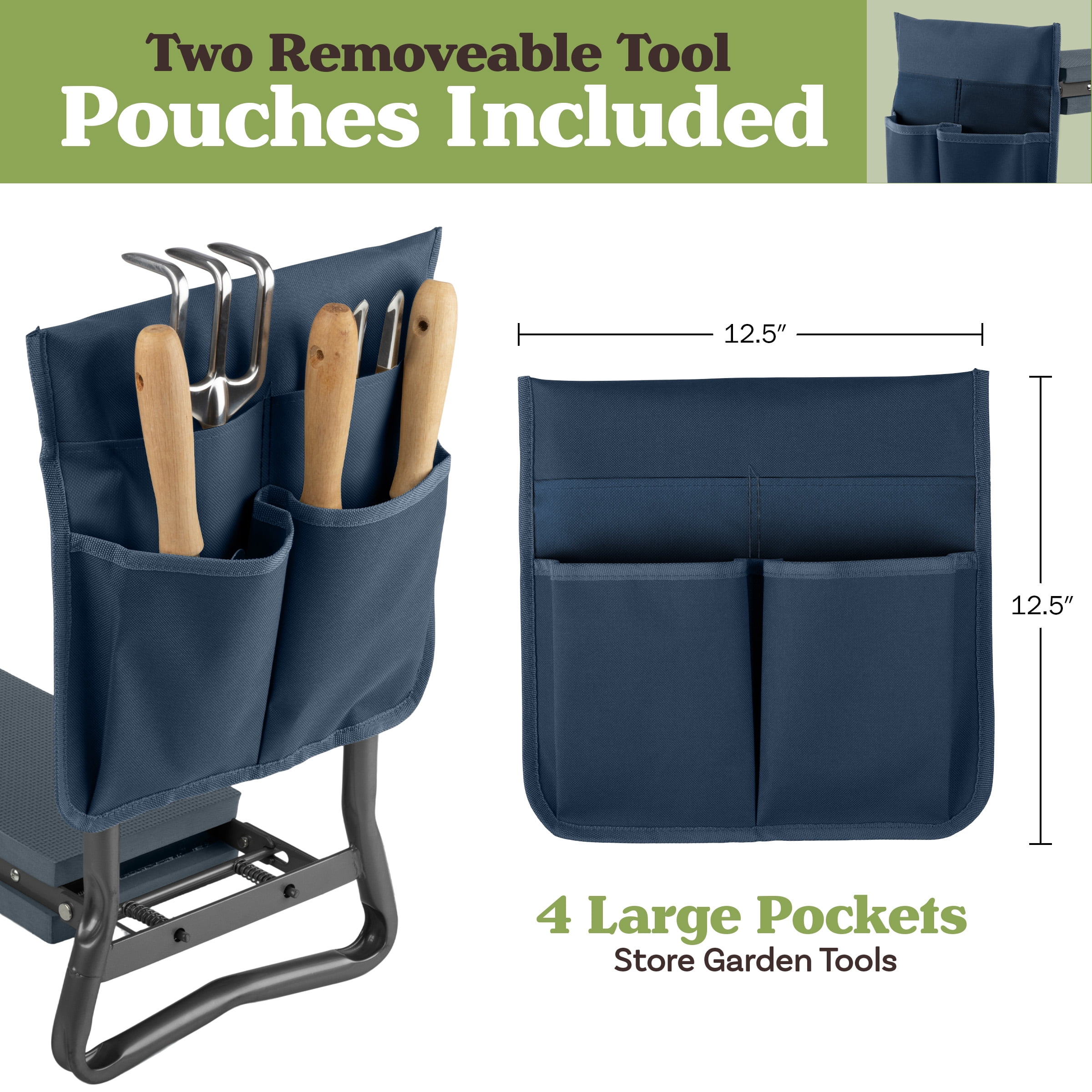 Pure Garden 2-in-1 Garden Kneeler & Stool – Folding Bench with EVA Pad & Tool Pouches, Navy Blue