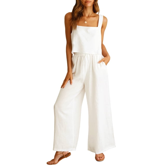 Conjunto de 2 piezas de lino para mujer ANRABESS, pantalón y top, blanco, talla M