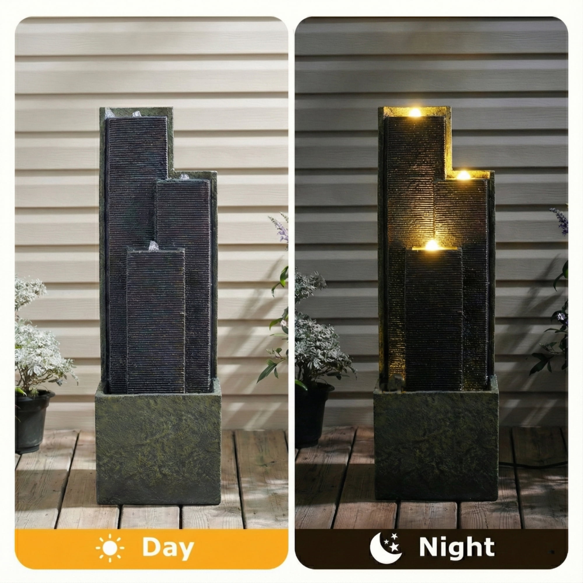 40" Outdoor Water Fountain with LED Lights, Modern Geometric Tiered Waterfall Fountain, Ribbed Column Water Feature for Garden, Patio and Backyard Decor