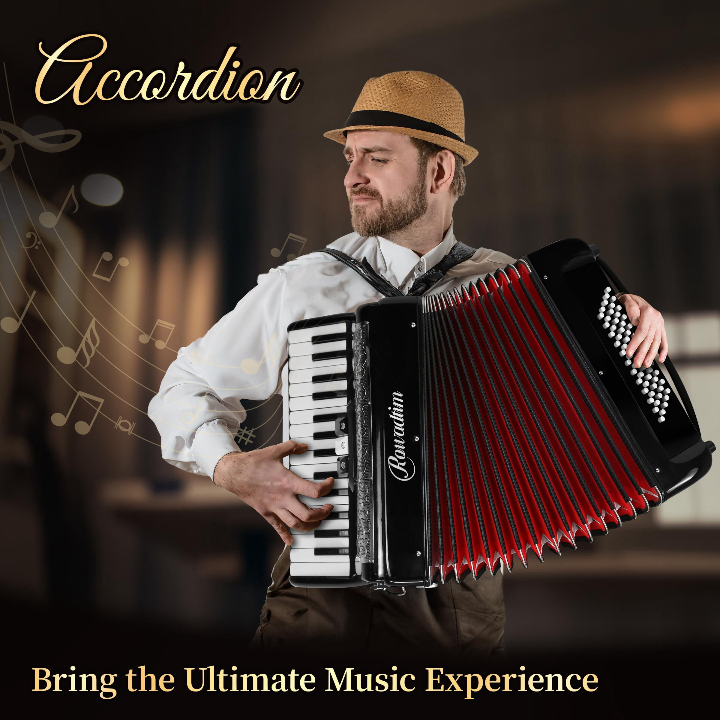 Rowadtim 30 Key 60 Bass Accordion, Beginner & Adult Professional Instrument, Portable with Backpack & Strap, Ideal for Practice, Performances, Black
