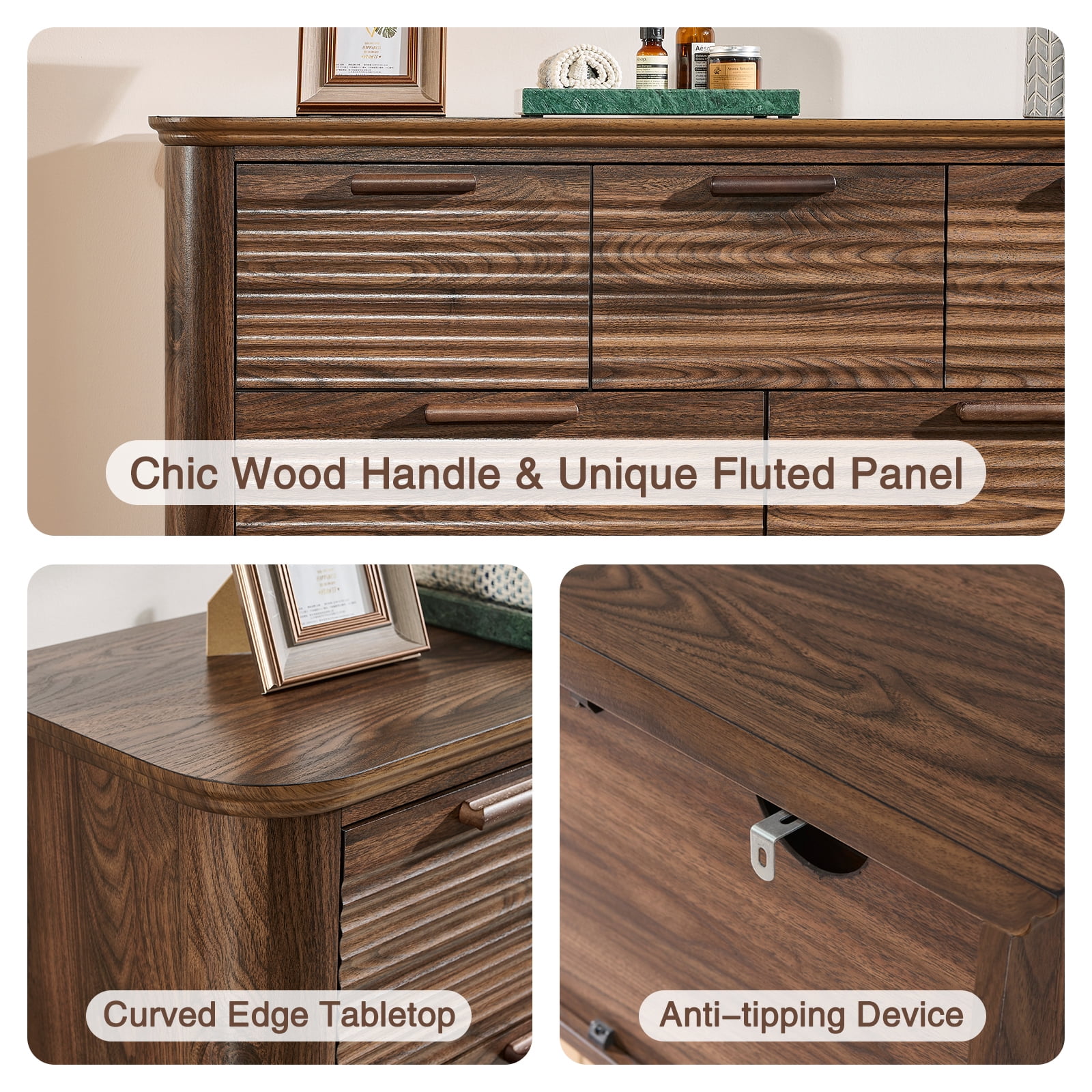 Hommoo Modern Wood Fluted 7 Drawer Dresser, 52" Wide Dresser Chest of Drawers with Curved Profile Design, Multifuctional Storage Organizer for Home, Walnut