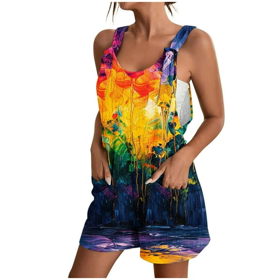 Nrmvnmi Summer Short Rompers for Women 2024 Casual Loose Printed Sleeveless Tie Knot Strap Jumpsuits Wide Leg Overalls with Pockets Multicolor 2XLMothers Day Gifts