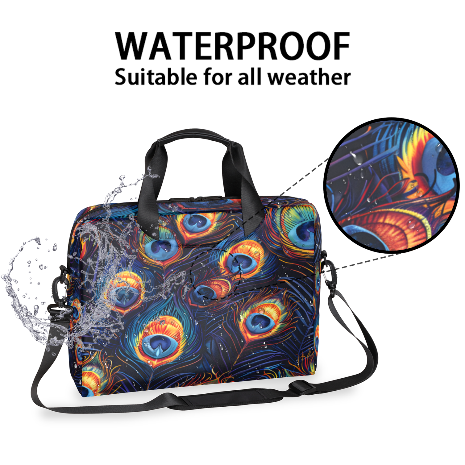 Herdesigns Wild Animal Peacock Feather Laptop Bag for Women Men, Computer Case Briefcase Messenger Bags, 15-15.6 inch Laptop Sleeve Shoulder Bag