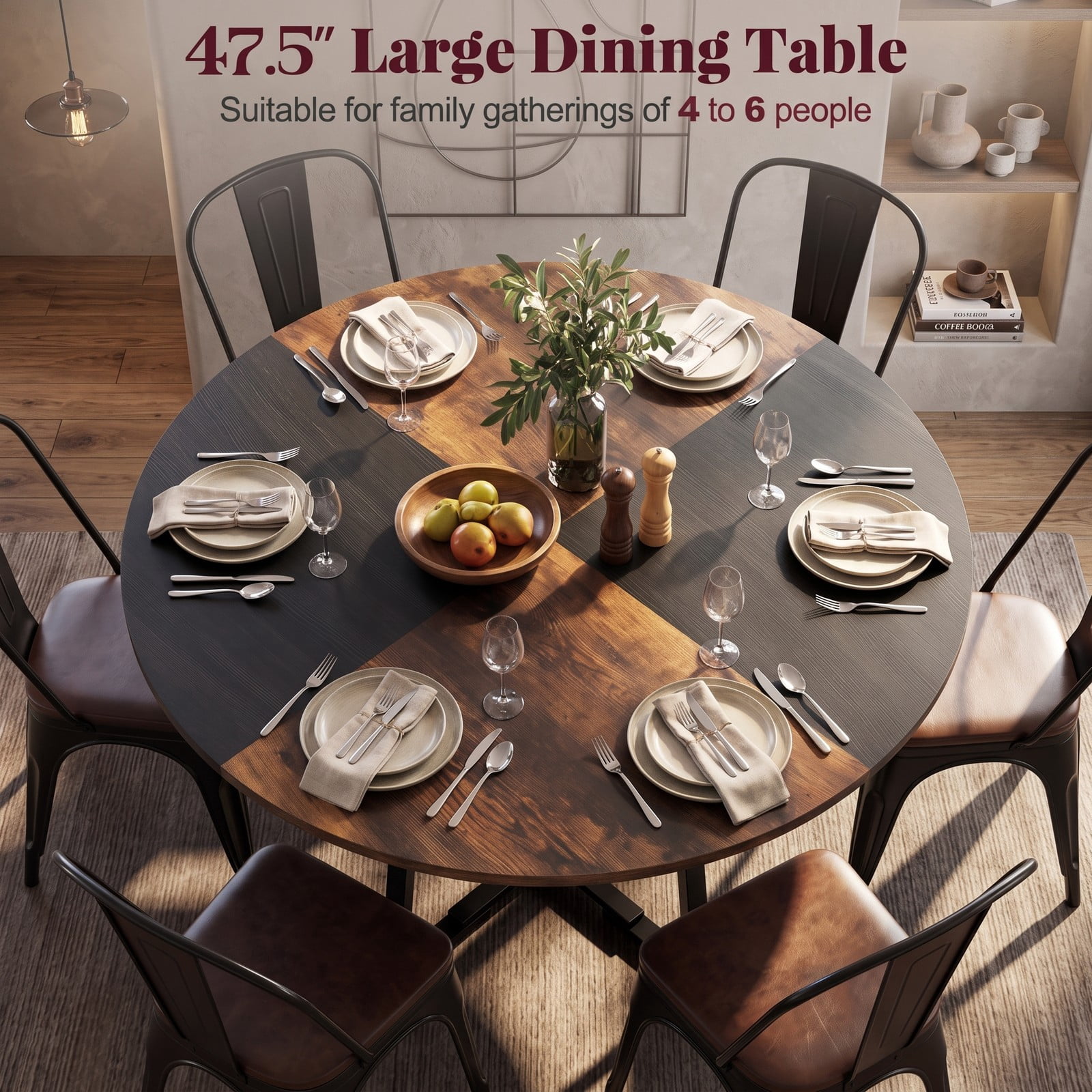 Furnibear 47.5" Round Dining Table for 4-6 with Storage Shelf, Metal Legs and Rubber Wood Frame, Farmhouse Kitchen Dinette Table with Mesh Shelf for Home, Rustic Brown