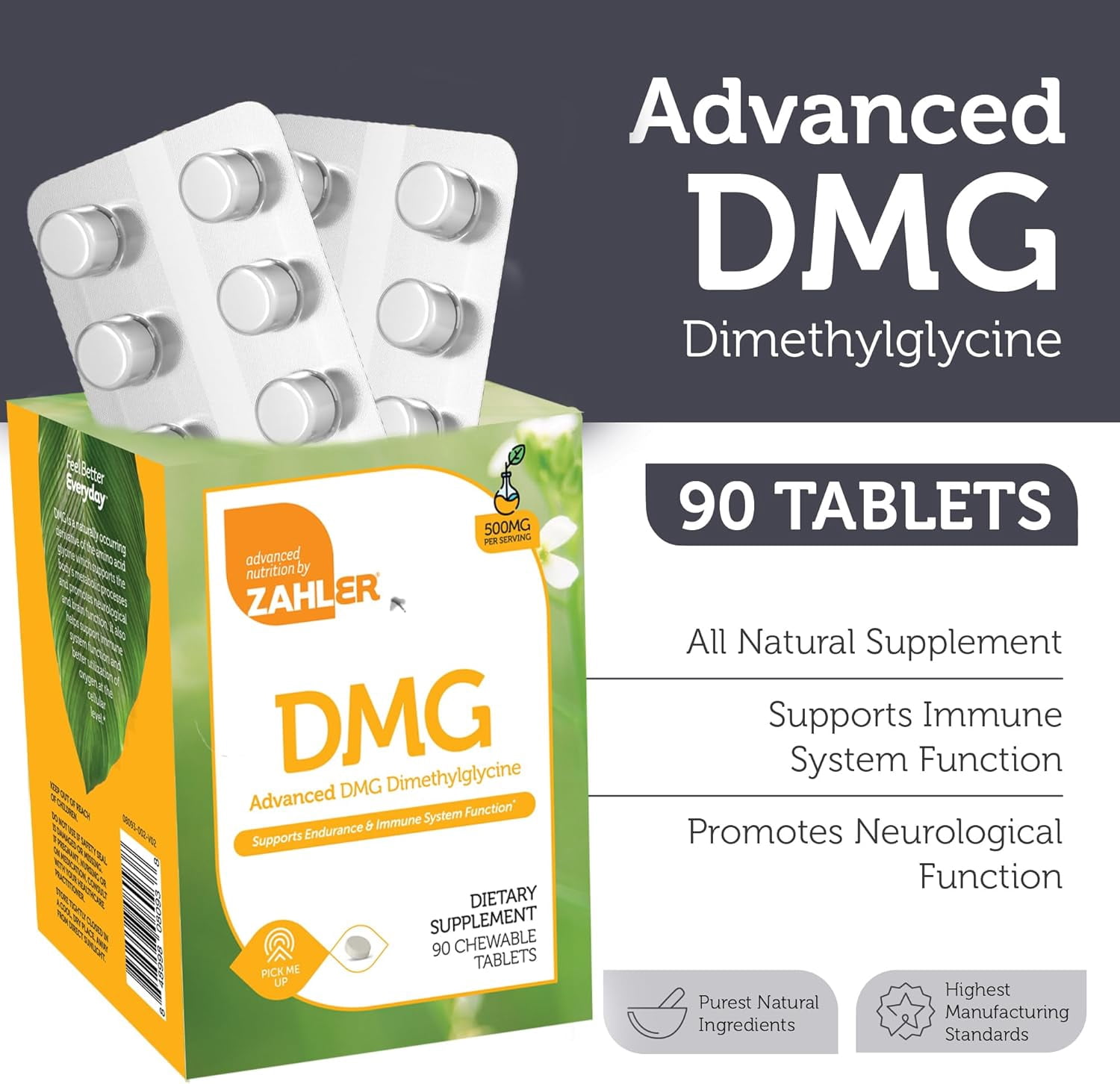 Zahler DMG 500mg - DMG Dimethylglycine Supplement for Endurance & Immune System Support - DMG Supplements with Amino Acid Glycine - Nootropic Brain Supplement - Kosher 1 a Day Tablets 90 Count