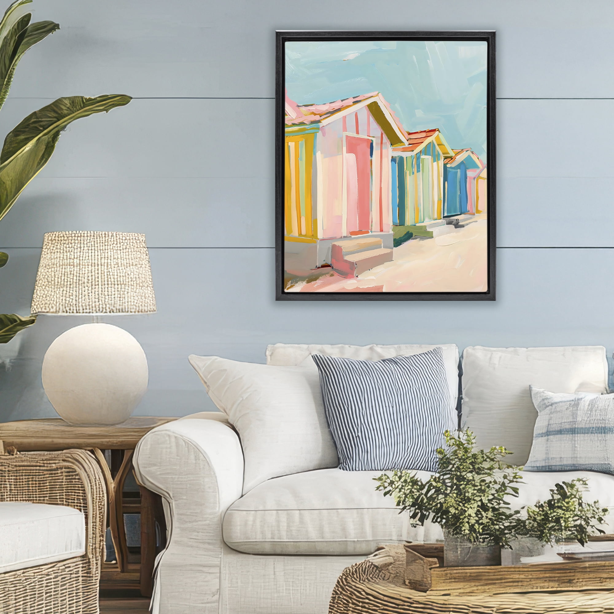 Stupell Industries Striped Beach Bungalows Black Framed Floater Canvas Wall Art, design by The Prints Vibe