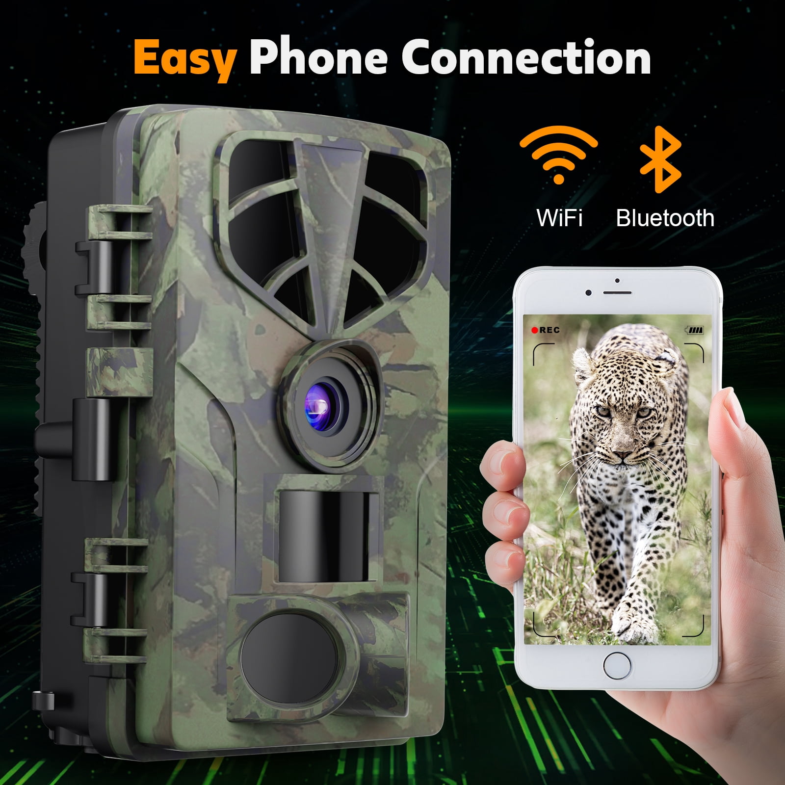 QUNSE Trail Camera, WiFi Bluetooth 60MP/8K Game Camera with 0.2s Trigger, No-Glow Night Vision 65ft, 120° Wide Angle, IP66 Waterproof, 2" Screen, 8GB SD Card Included