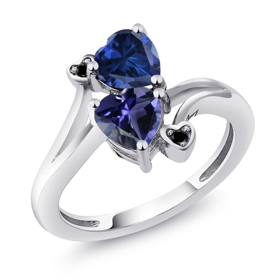 Gem Stone King 1.41 Cttw Blue Created Sapphire Blue Iolite and Black Diamond Ring for Women | 925 Sterling Silver | Heart Shape 6MM | Wedding Engagement Anniversary Promise Ring for Women | Size 8