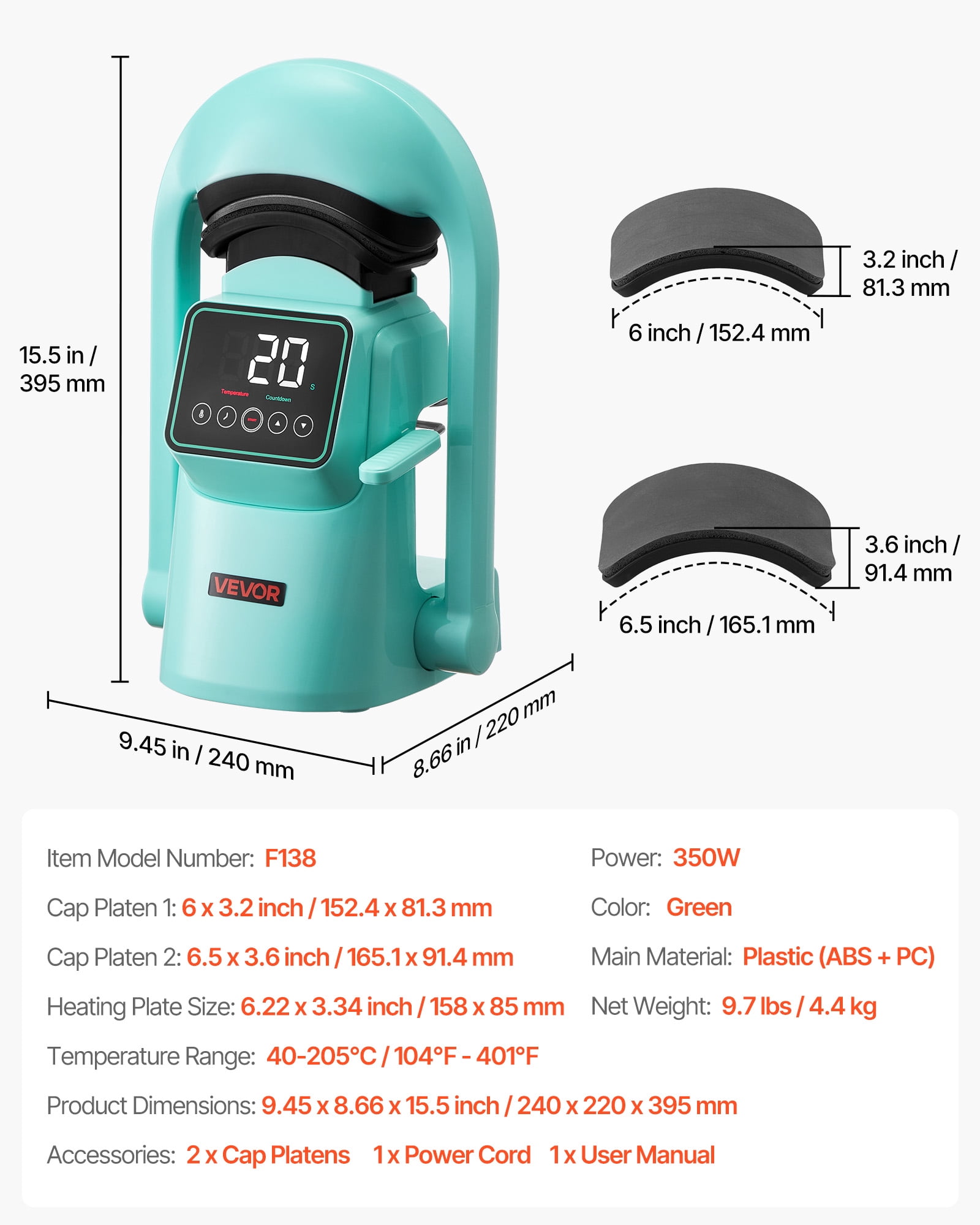 VEVOR Auto Hat Heat Press Machine, with 2pcs Interchangeable Platens, Automatic Open and Release, Touchscreen for Precise Time and Temperature Control, Heat Transfer Printing for Caps, Hats, Green