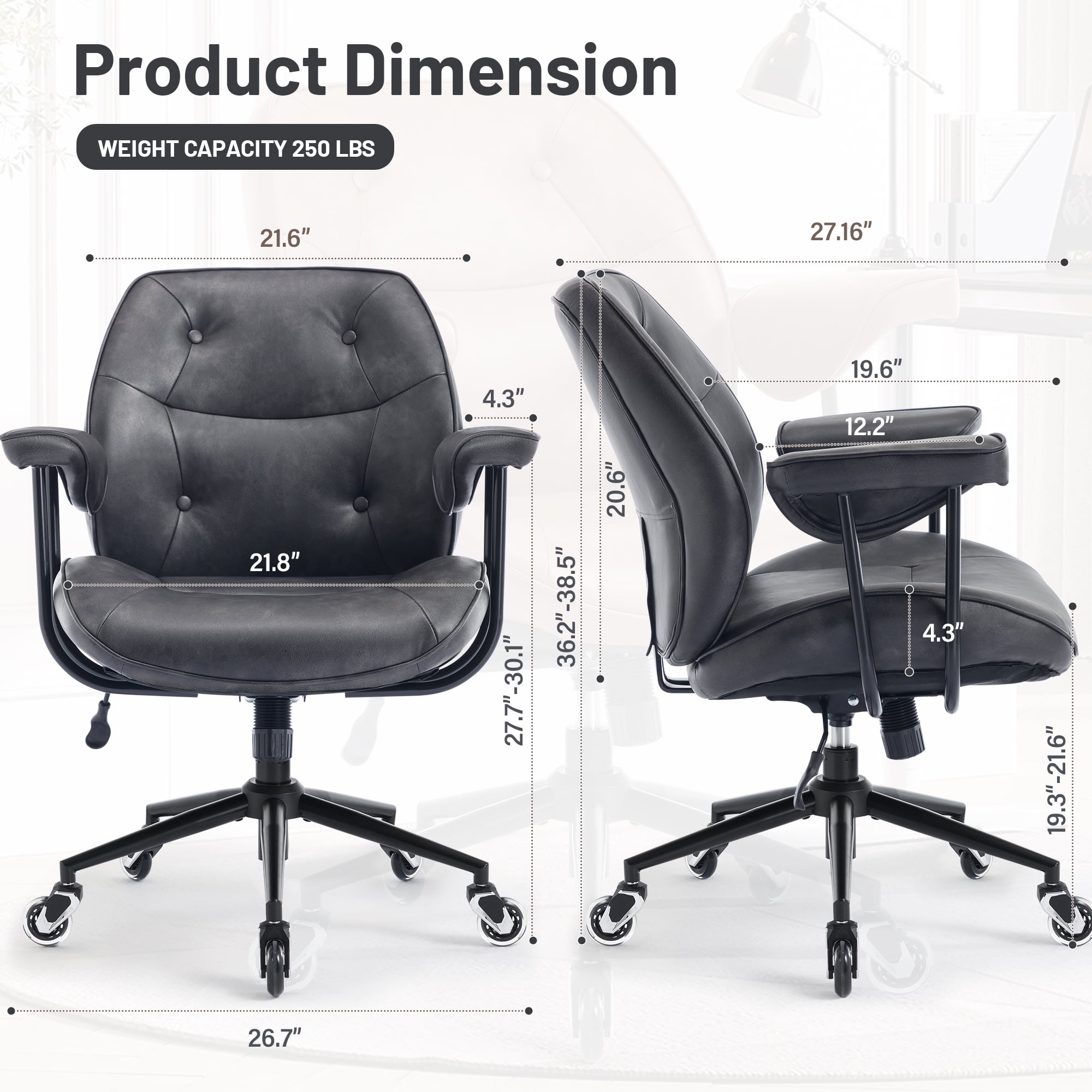 Mid Century Modern Office Desk Chair with Wheels and Arms, Mid Back Ergonomic Office Chair with Lumbar Support, Swivel Leather Computer Desk Chair for All Day Comfort