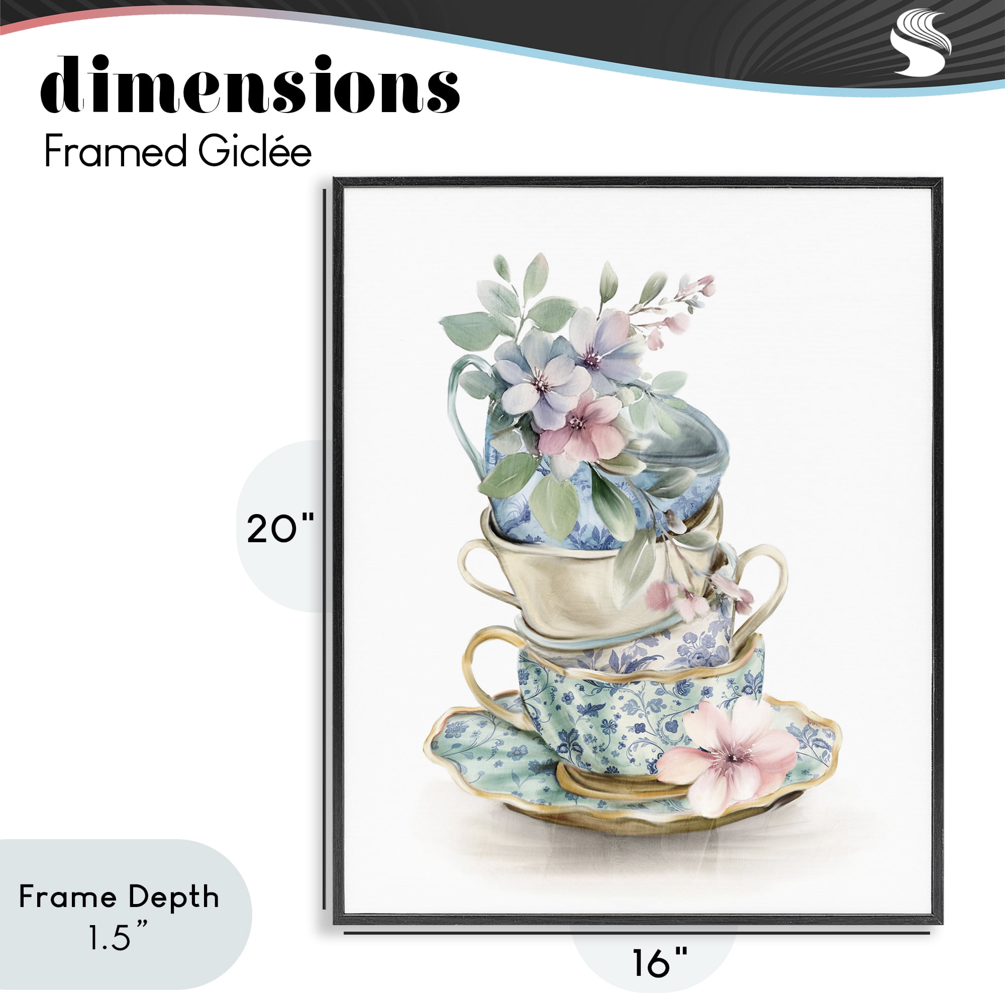 Stupell Industries Floral Teacup Chinoiserie Black Framed Giclee Art, design by Kim Allen