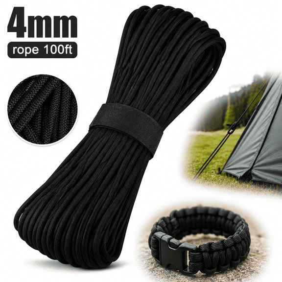 Emlimny Paracord Rope, 7 Strand Type III Parachute Cord, 4mm Paracord 100 ft Nylon Rope,Parachute Cord,Clothesline Rope,Black Rope for Crafting, DIY, Bracelets, Outdoor Gear, Camping, Hiking