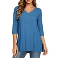 thumbnail image 6 of Puntoco Women's 3/4 Sleeve Oversized T-Shirts V Neck Comfy Casual Tunic Tops Knit Side Basic Split Loose Fit Tees Blue XL, 6 of 6