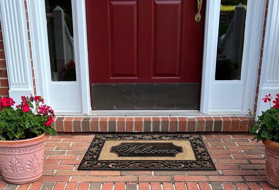 A1HC First Impression Rubber and Coir Large Floral Welcome Door Mat, 18" X 30", Dirt Trapper Thick Durable Heavy Duty Doormat