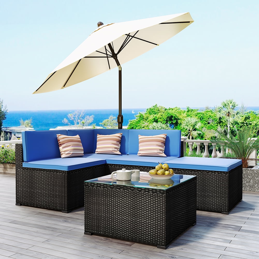 Private Jungle 5-Piece Patio Rattan PE Wicker Furniture Corner Sofa Set, Sectional Sofa Chair (Blue) Private Jungle 5-Piece Patio Rattan PE Wicker Furniture Corner Sofa Set, Sectional Sofa Chair (Blue)
