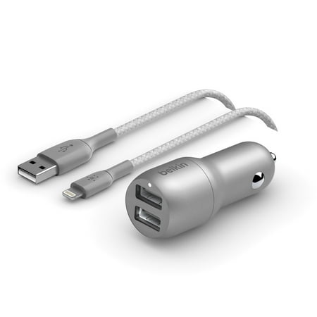 Belkin 24W Dual-Port USB-A Car Charger + 5ft. Lightning to USB-A Cable, Silver