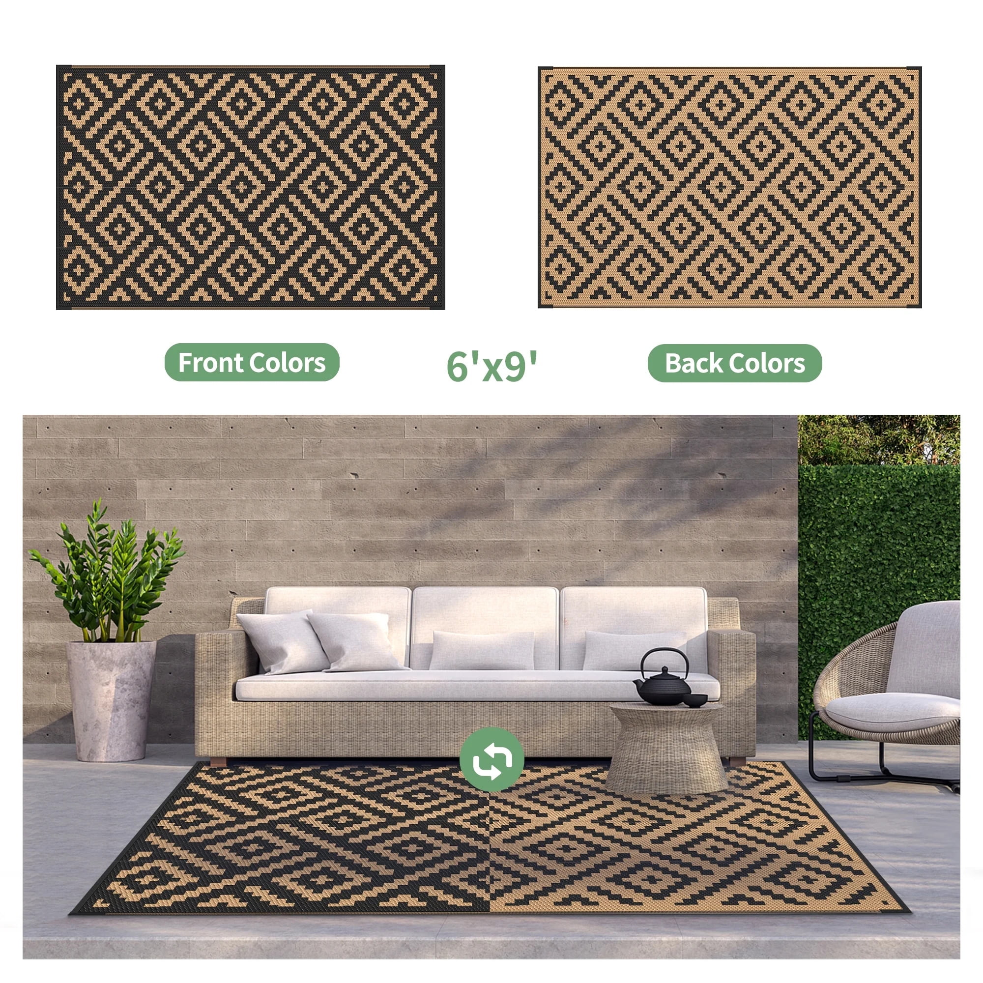 DEORAB Outdoor Rugs Waterproof Plastic Straw Mat 6'x9' Reversible for RV Patio Deck Beach Black & Brown