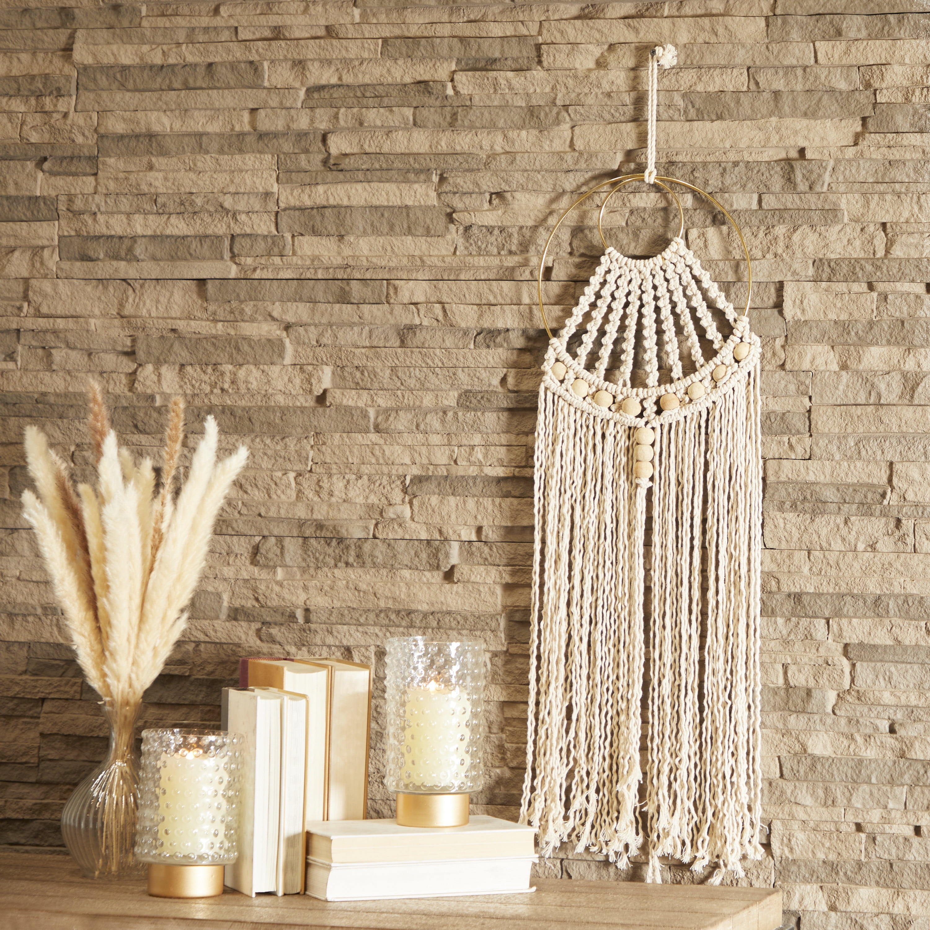 DecMode Beige Cotton Handmade Intricately Weaved Macrame Wall Decor with Beaded Fringe Tassels