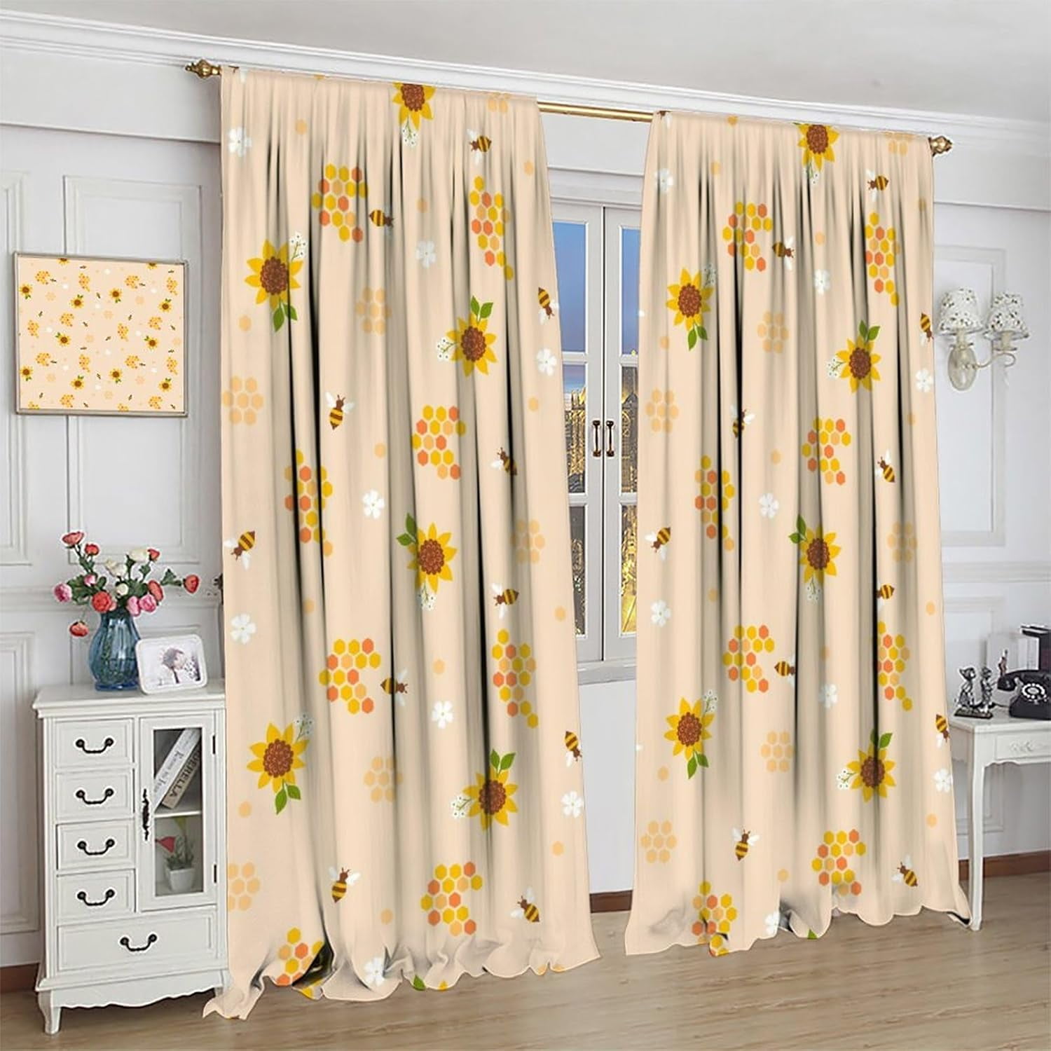 Bee Blackout Curtains Kids Bee Sunflower Honeycomb Pattern Print Living Room Curtains Boys Girls Bedroom Room Decorative Curtains 42x54 Inch